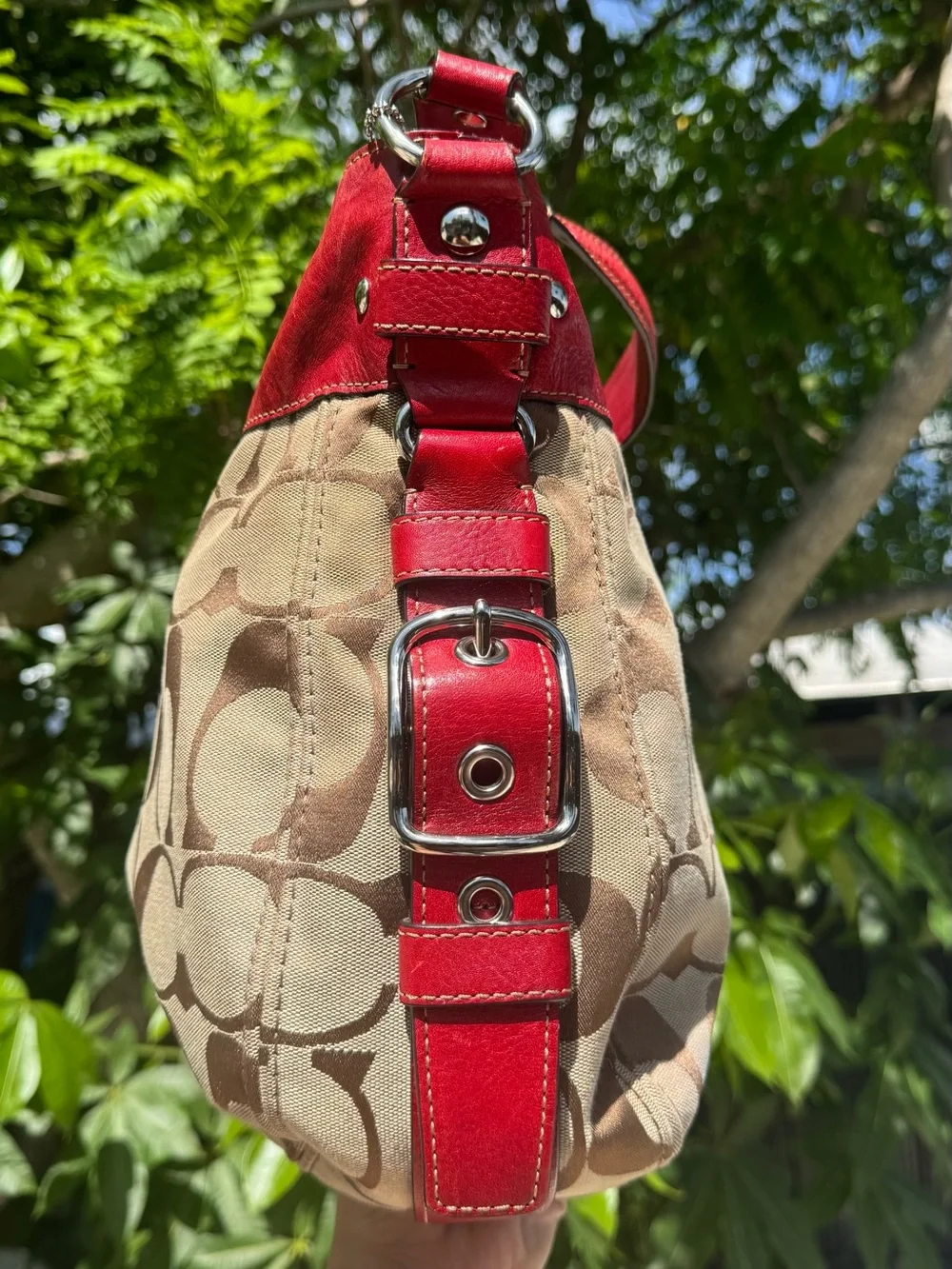 Coach Zoe Signature Canvas Hobo with Red Leather Trim